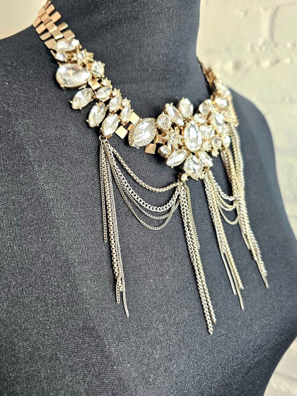 Banana Republic Crystal Cluster Chain Fringe Bib Choker Gold Tone Statement Neck - Picture 6 of 7